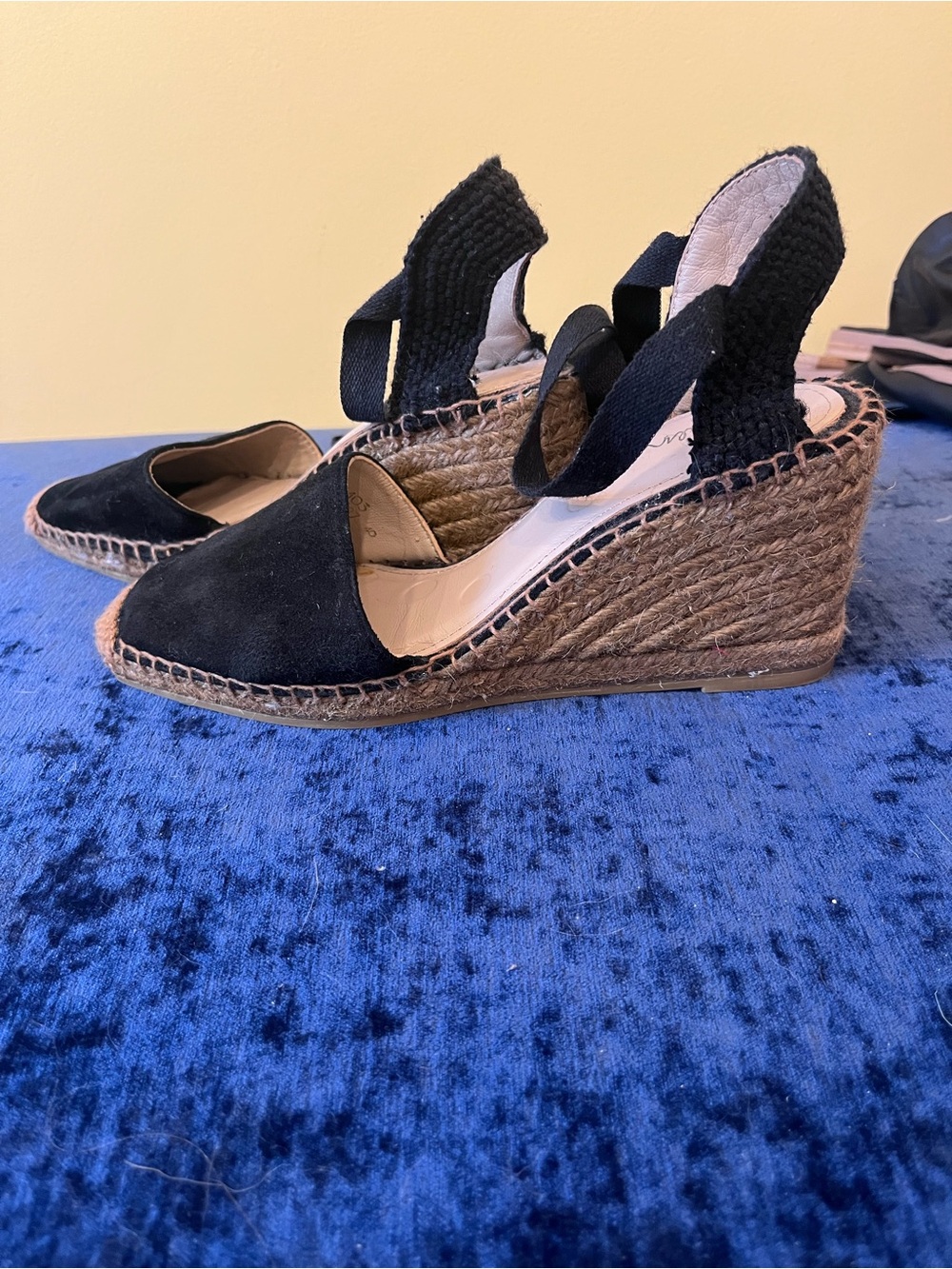 Boden Black Suede/Raffia Espadrille Wedge Sandals - Women